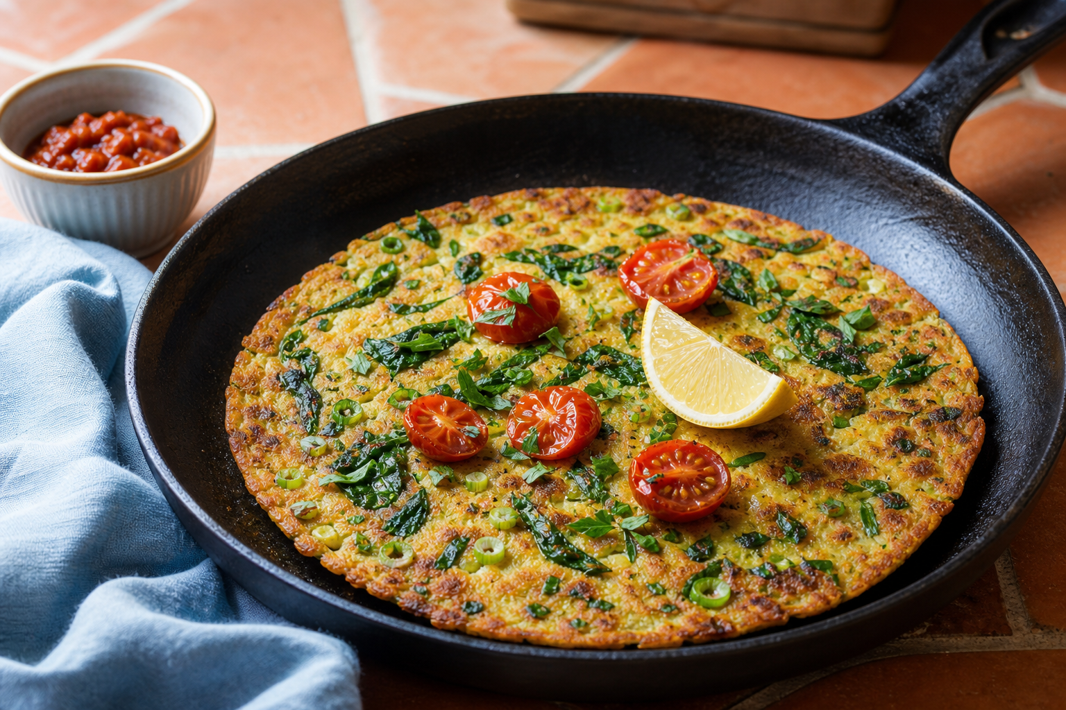 Golden chickpea flour breakfast skillet with spinach, tomatoes, and lemon.