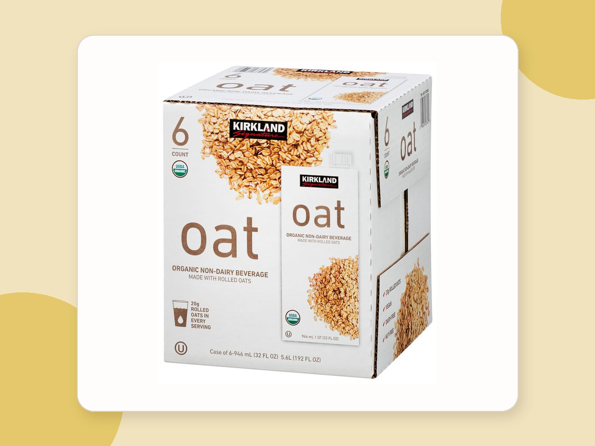Kirkland oat beverage six-pack, one of the vegan Costco products sold in a club-size case.