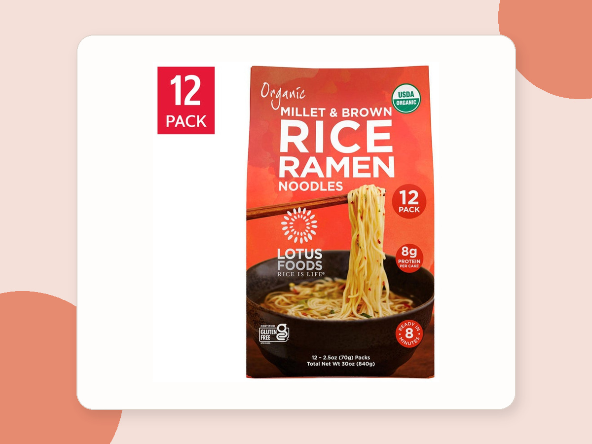 Lotus Foods organic millet and brown rice ramen in a 12-pack Costco package.