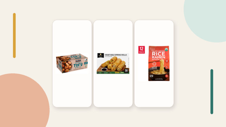 Kirkland tofu, Royal Asia vegetable spring rolls, and Lotus Foods ramen in a text-free featured image for a vegan Costco product roundup.