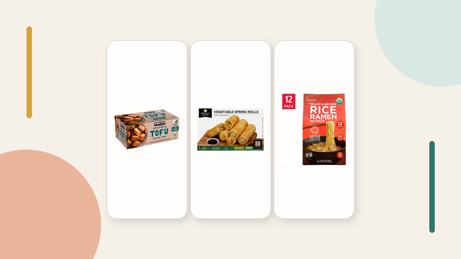 Kirkland tofu, Royal Asia vegetable spring rolls, and Lotus Foods ramen in a text-free featured image for a vegan Costco product roundup.