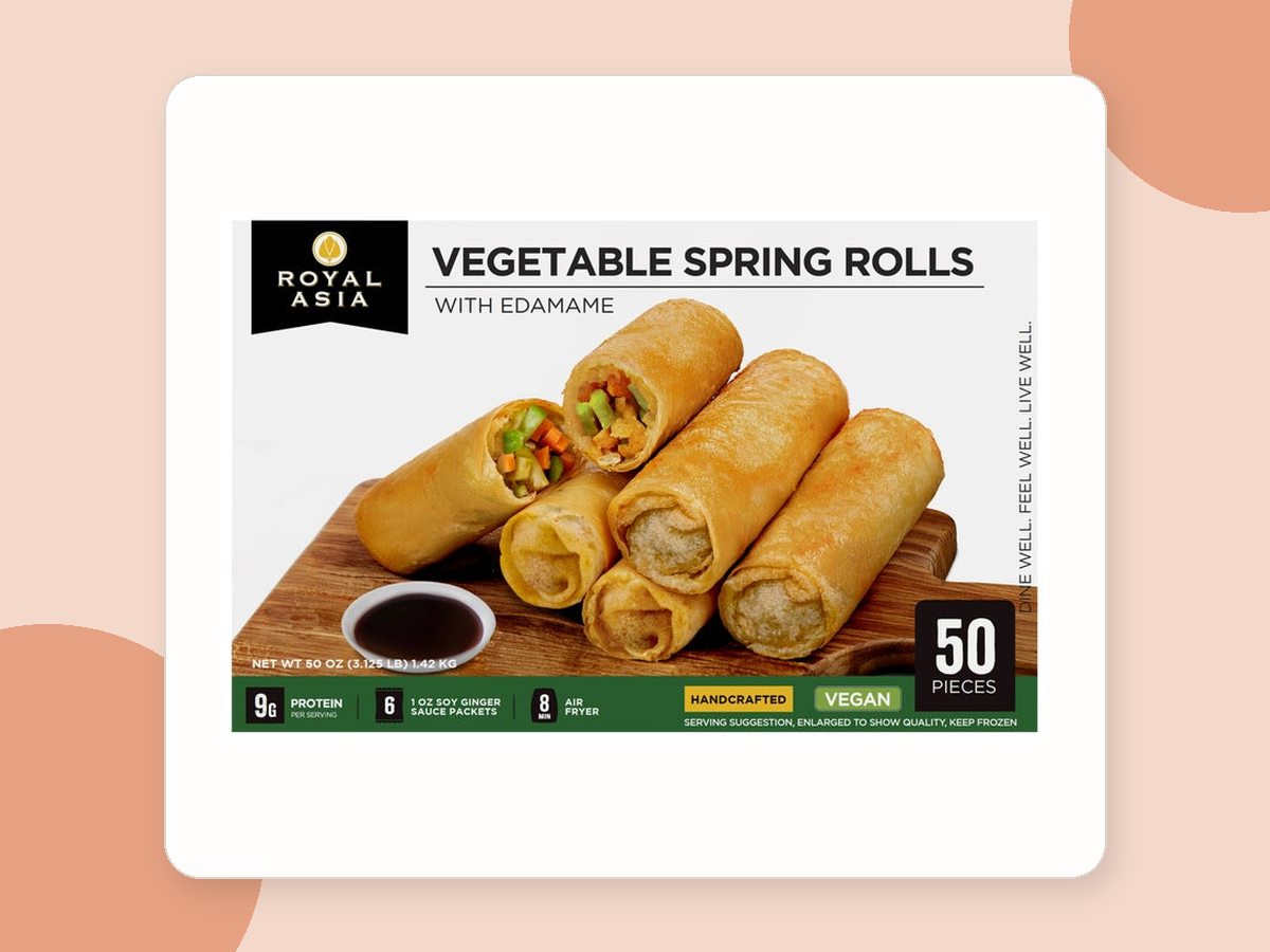 Royal Asia vegetable spring rolls with edamame in a 50-piece Costco box.