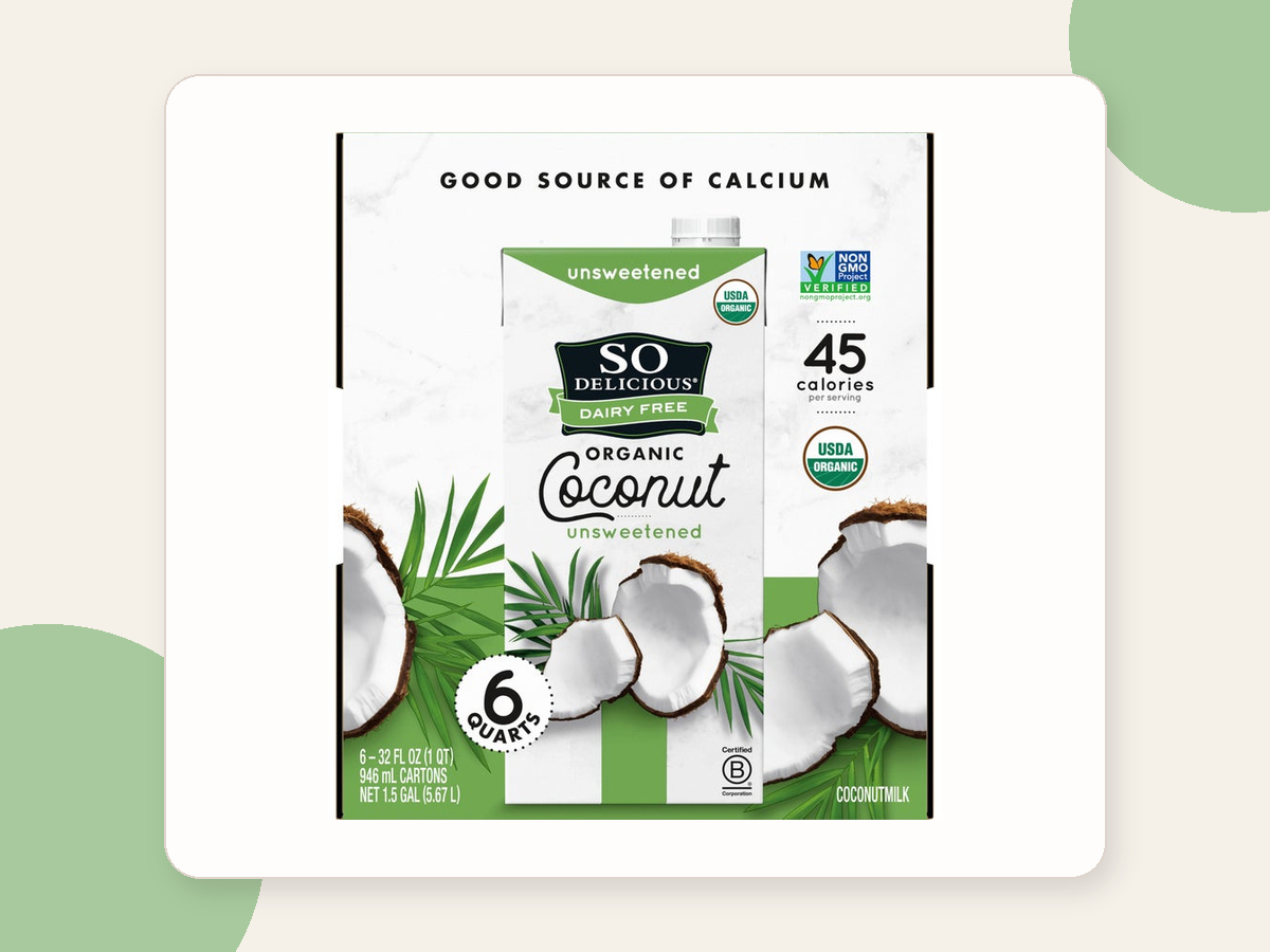 SO Delicious organic unsweetened coconutmilk in a six-carton Costco case.