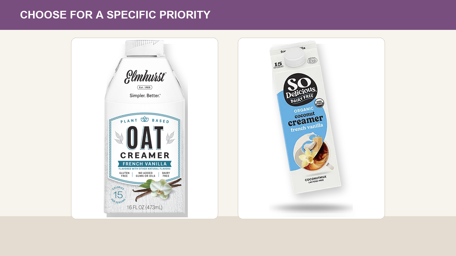 Elmhurst French Vanilla Oat Creamer and So Delicious French Vanilla Coconutmilk Creamer.