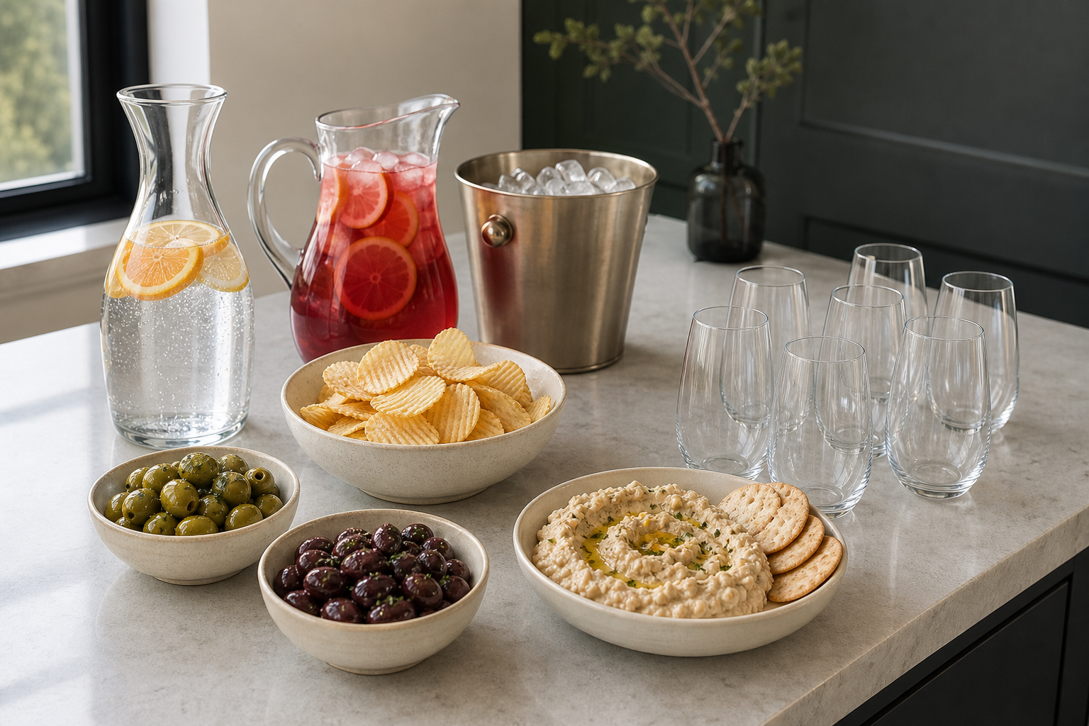 Olives, potato chips, white bean spread, sparkling water, and a hibiscus drink ready for arriving dinner guests.