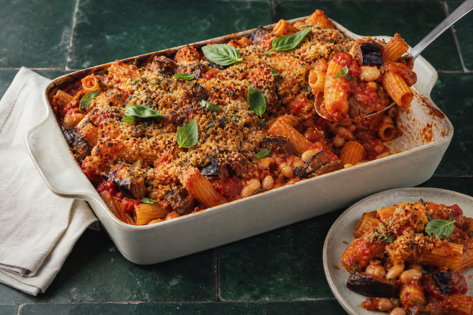 Vegan dinner baked pasta with tomato, eggplant, white beans, basil, and crisp breadcrumbs.