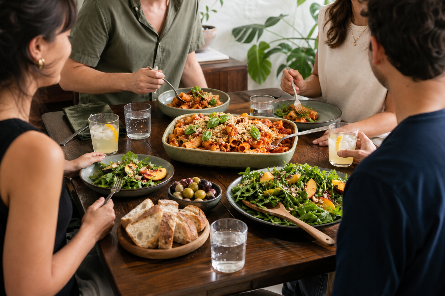 Guests sharing one vegan dinner at a family-style table with baked pasta, salad, bread, and olives.