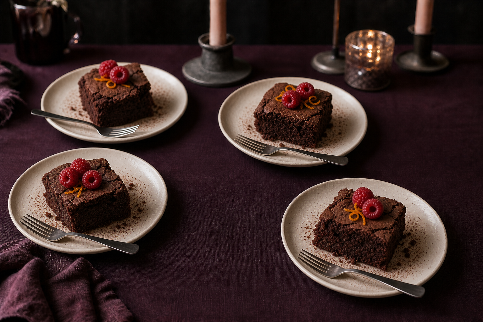 Four rustic slices of vegan chocolate olive-oil cake with raspberries and orange zest.