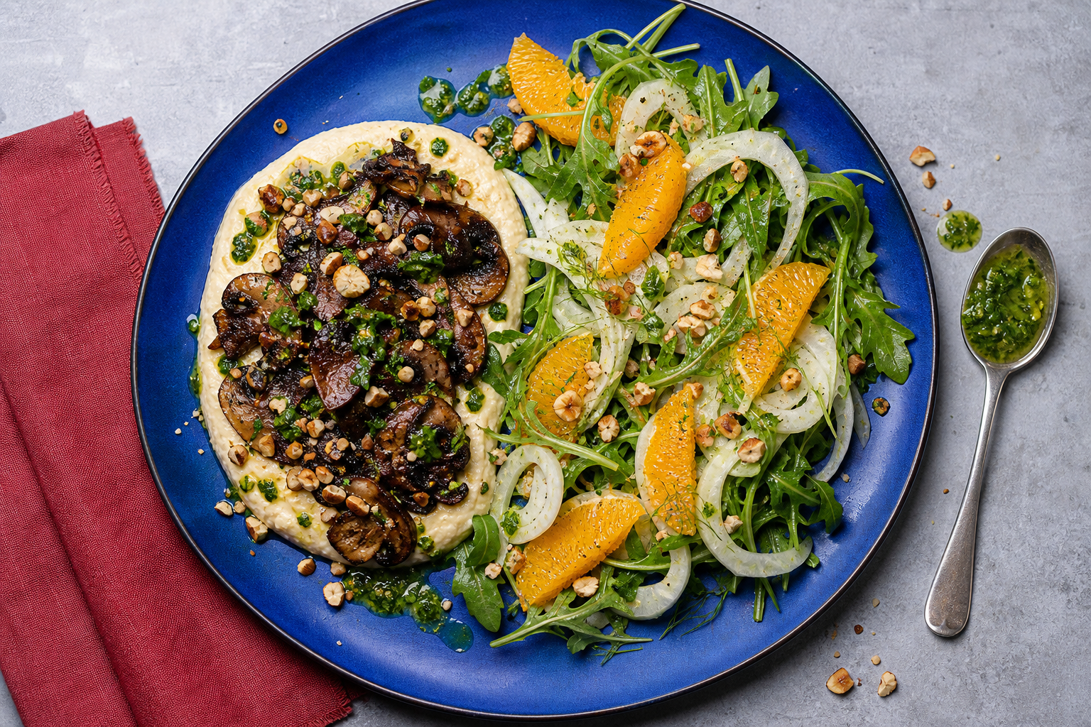 Browned mushrooms with creamy white-bean polenta, hazelnuts, green sauce, and fennel-orange salad.