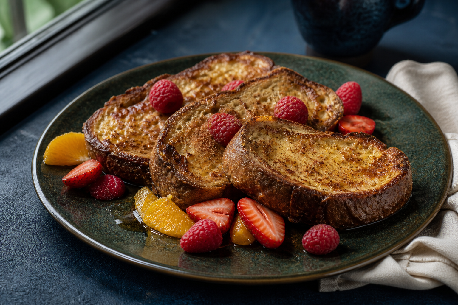 Vegan French toast with berries, orange, cinnamon, and maple syrup.