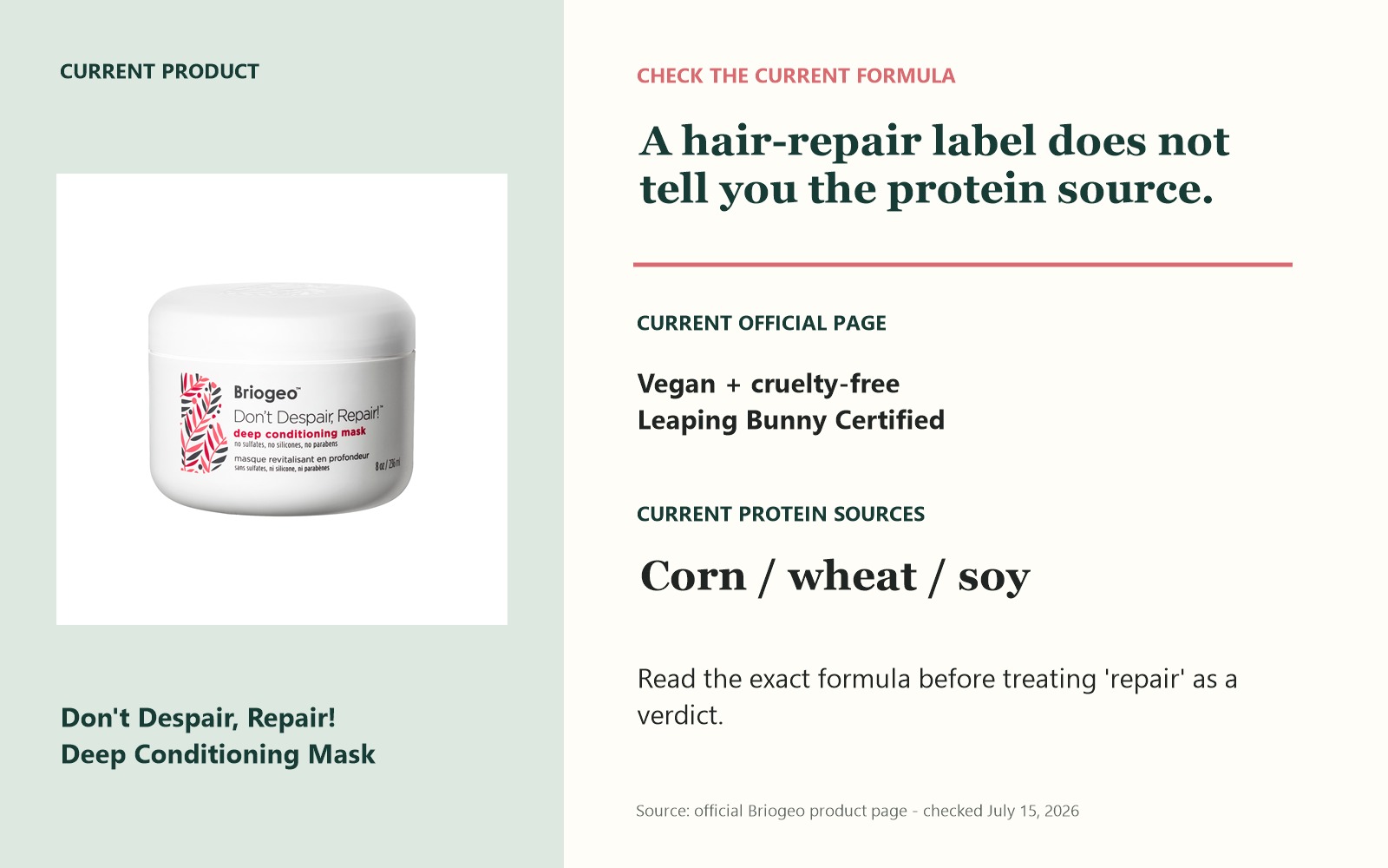 Briogeo deep conditioning mask beside a panel identifying its current vegan status and corn, wheat, and soy protein sources.
