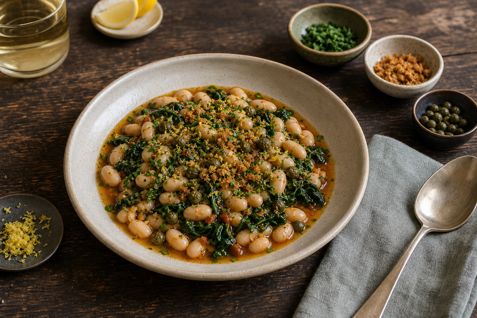 White beans with greens, herbs, capers, lemon zest, and toasted breadcrumbs in a shallow bowl on a dark wooden table.