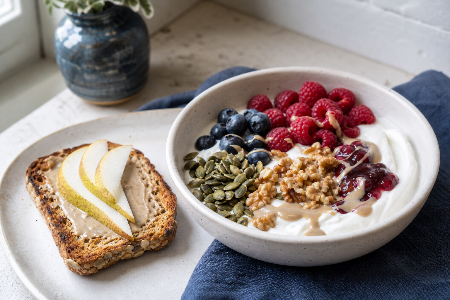 Plant yogurt with berries, walnuts, pumpkin seeds, jam, and pear toast.