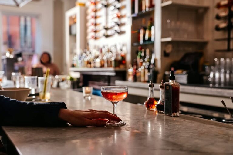 A cocktail on the bar at Vedge, an upscale Philadelphia vegan restaurant.