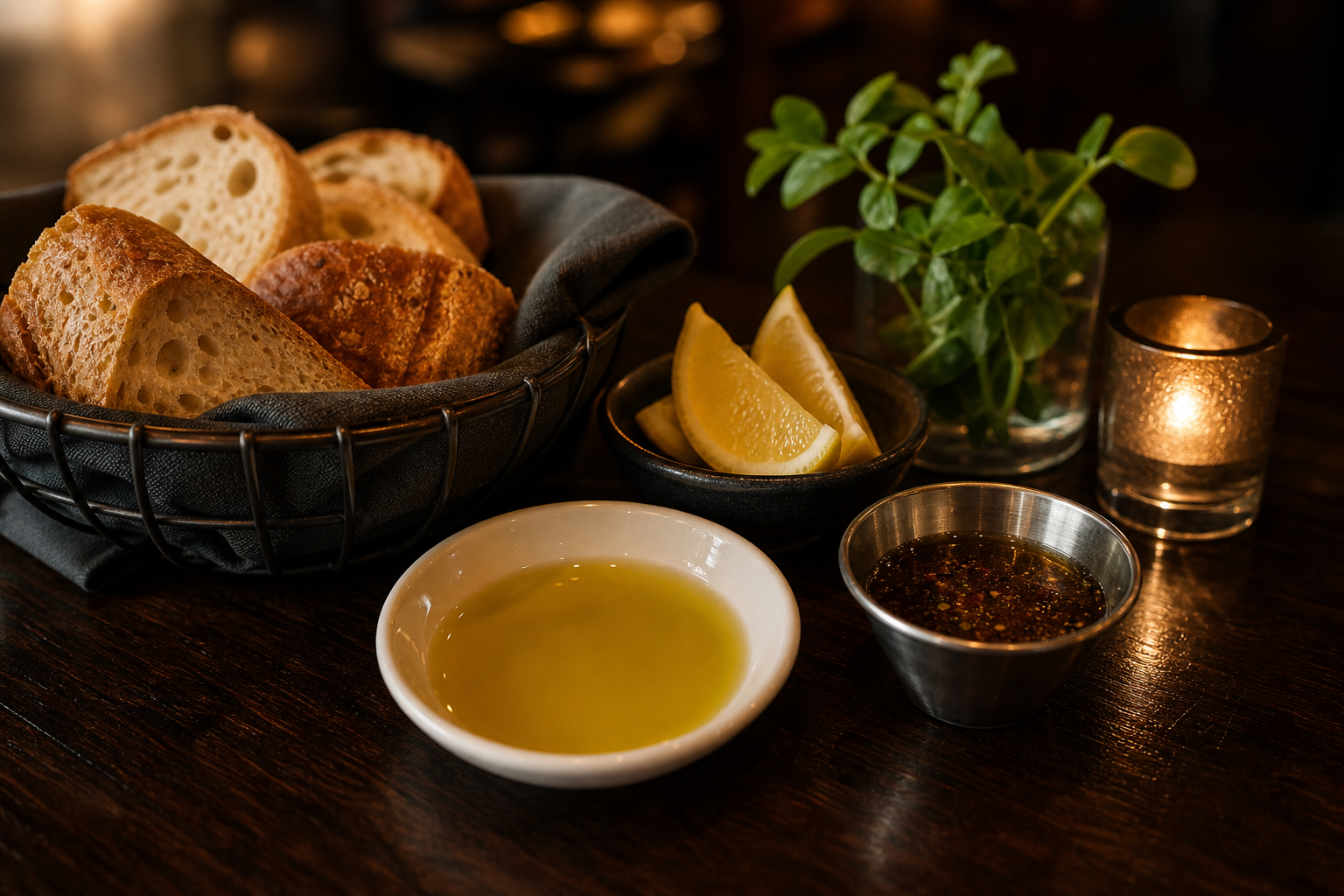 A restaurant bread basket with lemon wedges, olive oil, and vinaigrette on a dark table.