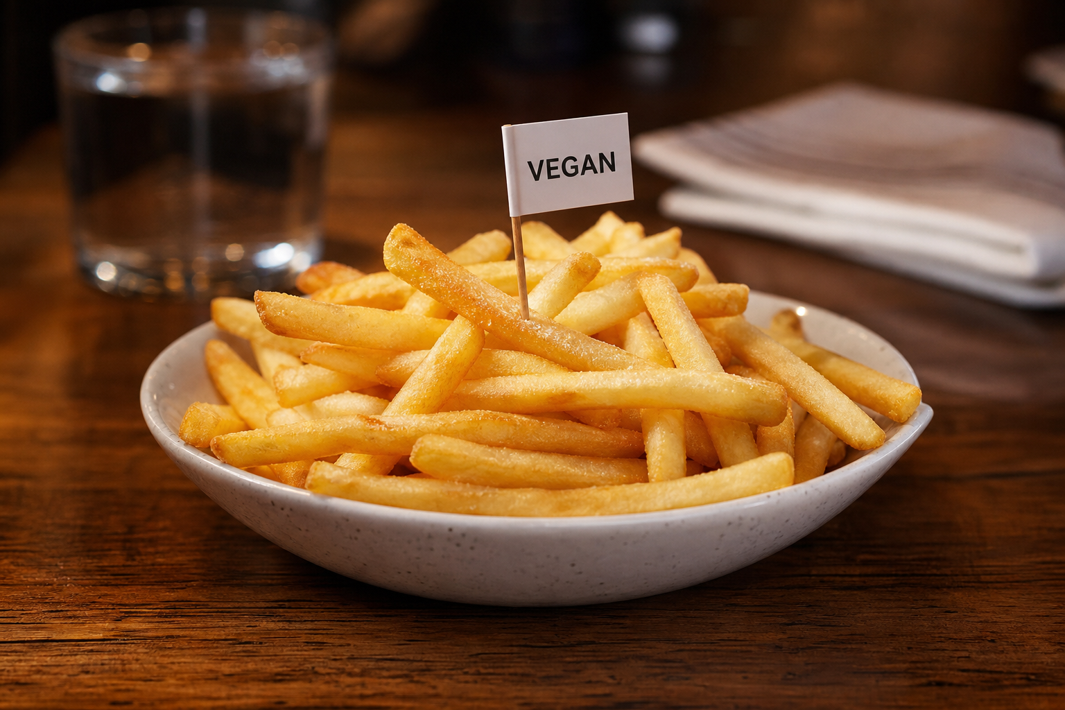 A bowl of plain fries with a small toothpick flag that says vegan.