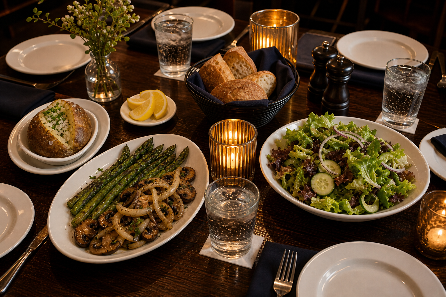A warm restaurant table with salad, plain baked potato, vegetables, bread, lemon, olive oil, sparkling water, and empty place settings.