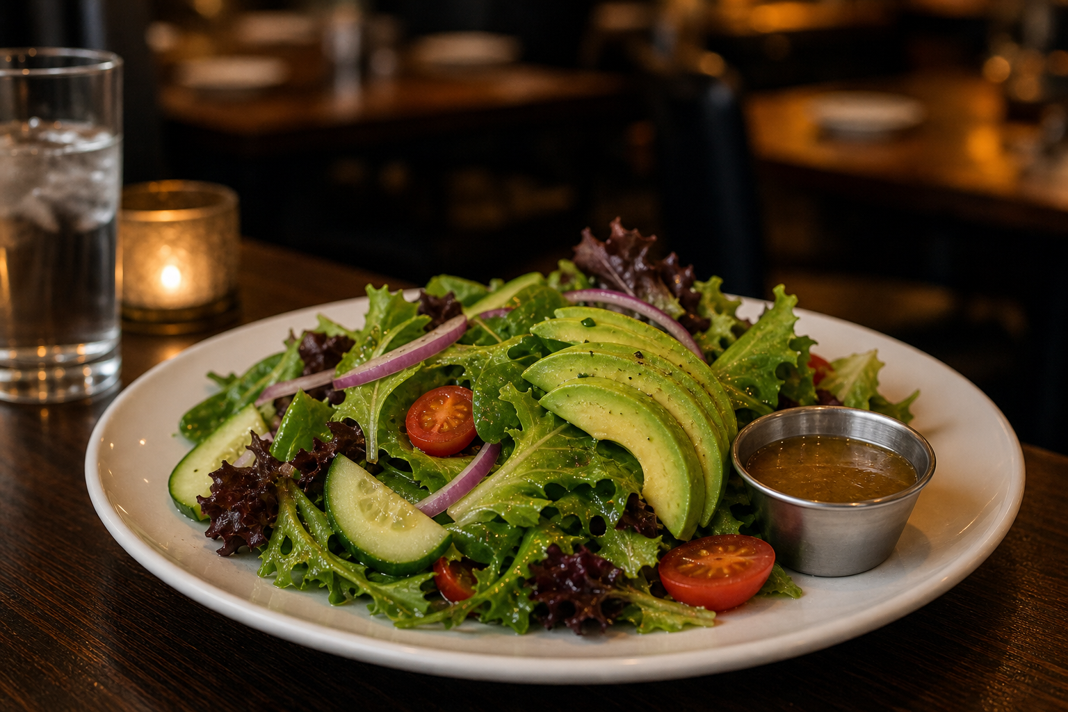 A modified vegan restaurant salad with greens, tomato, cucumber, red onion, avocado, and vinaigrette on the side.