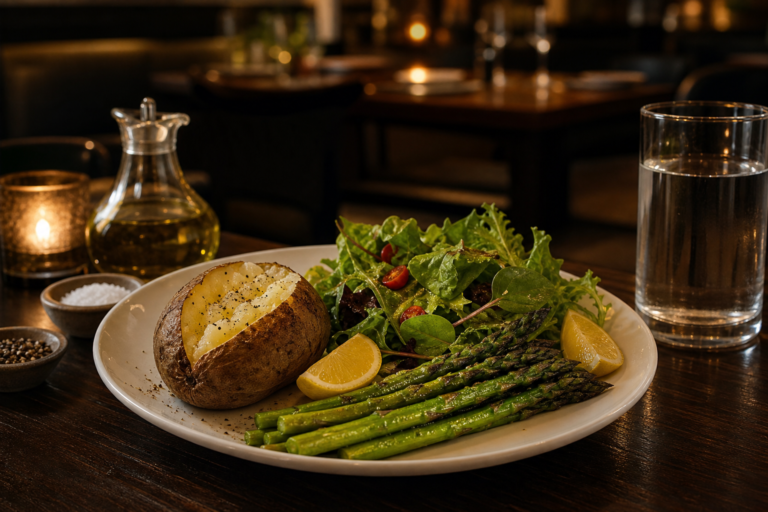 A vegan steakhouse-style plate with a plain baked potato, green salad, asparagus, lemon, olive oil, and water on a dark restaurant table.