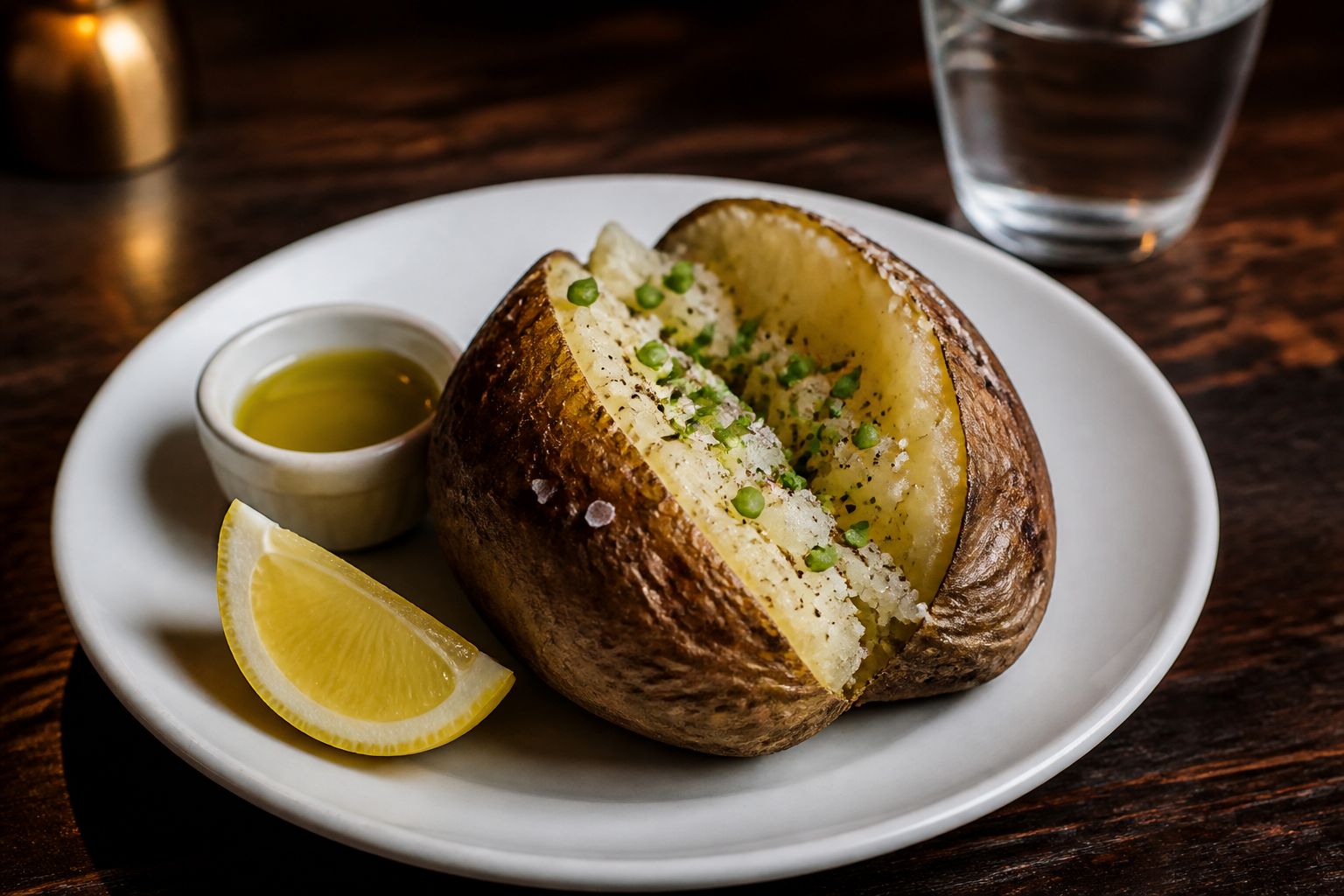 A plain baked potato with chives, flaky salt, pepper, lemon, and olive oil on a restaurant plate.