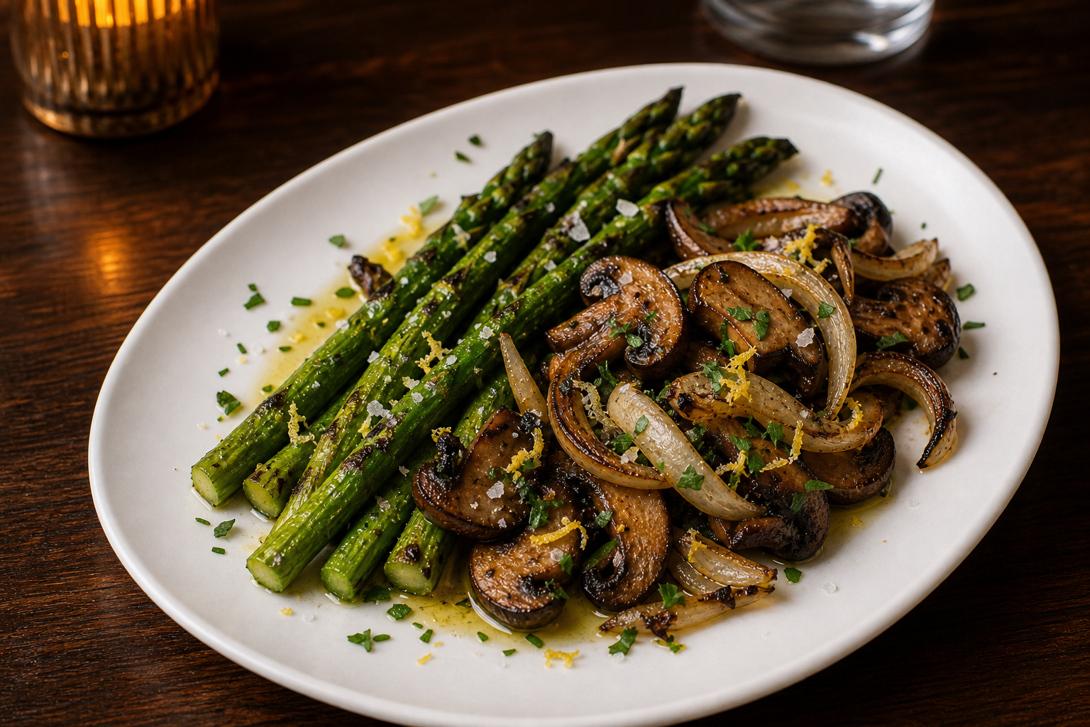 A warm restaurant side plate of asparagus, mushrooms, onions, herbs, lemon, and olive oil.