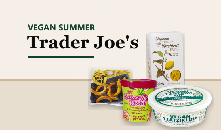 Vegan Summer Trader Joe's title with summer vegan Trader Joe's product picks arranged on a warm tabletop.