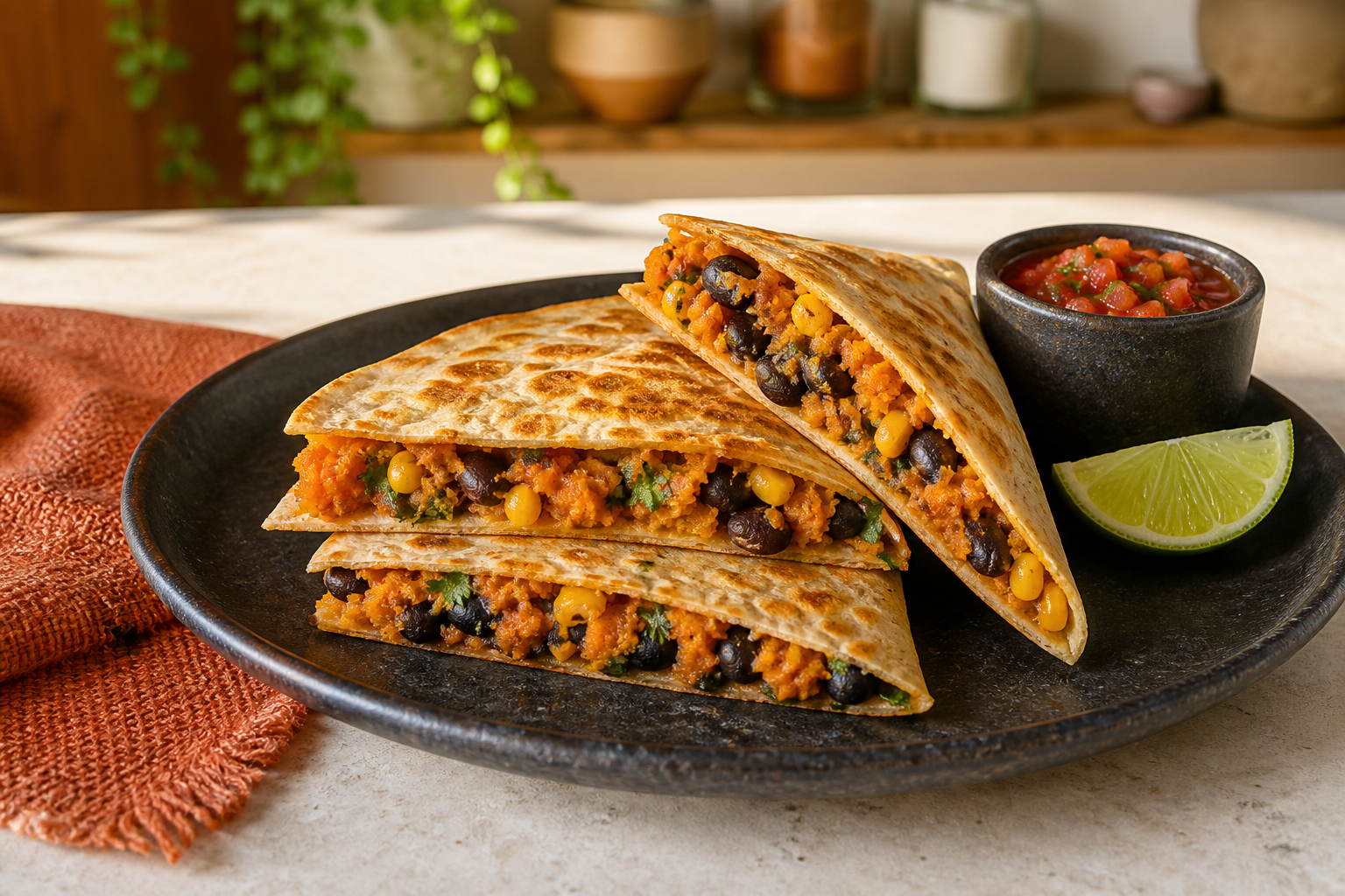 Crisp sweet potato, black bean, and corn quesadilla with salsa and lime.