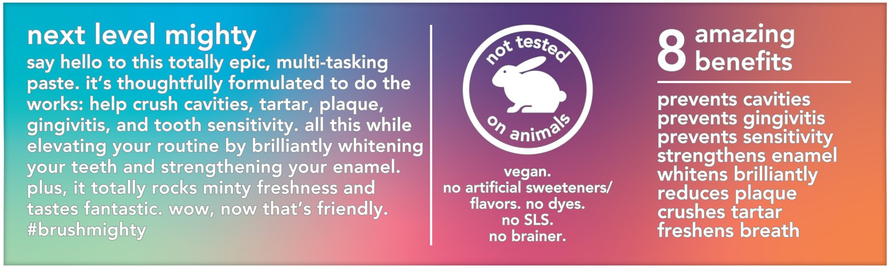 The real hello Mighty Multi-Tasker package panel showing vegan and not-tested claims beside eight toothpaste benefits.