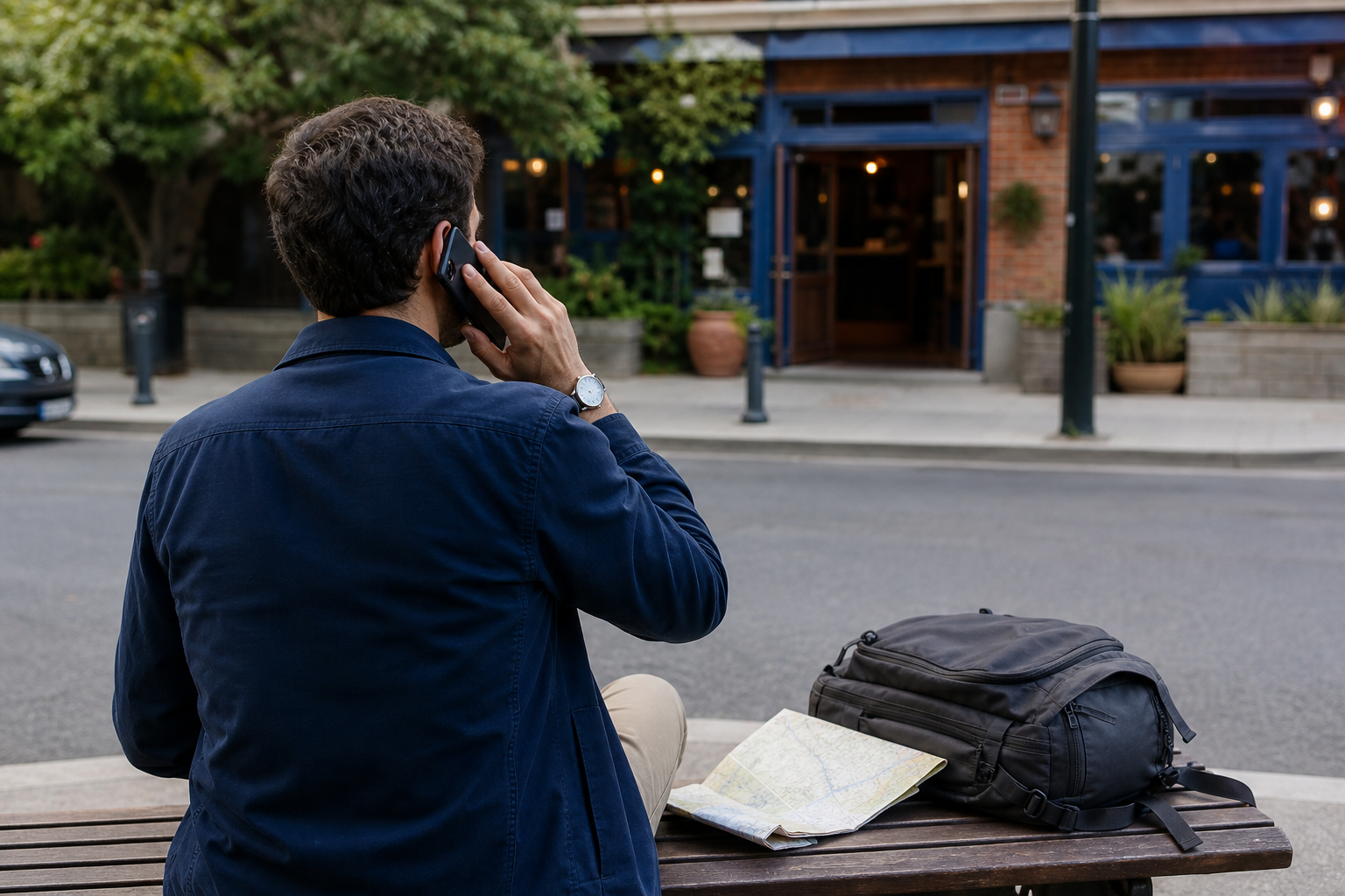 Traveler calling a restaurant from a bench with a folded map and travel bag.