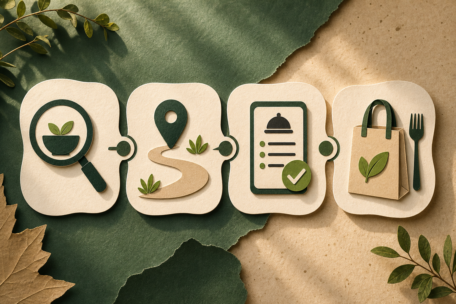 Four illustrated steps for using vegan travel tools to find a meal, check its route and menu, and save a nearby backup.