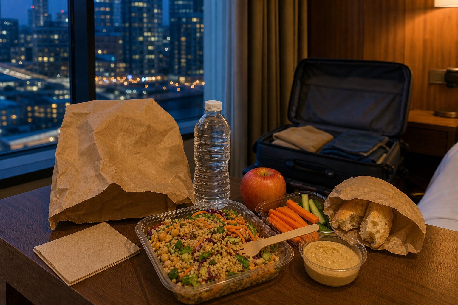 Hotel-room grocery dinner in food containers beside an open suitcase.
