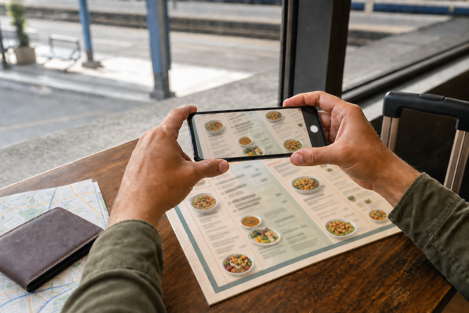 Traveler using an active phone camera to scan a printed plant-based menu beside a folded map and suitcase at a railway station.