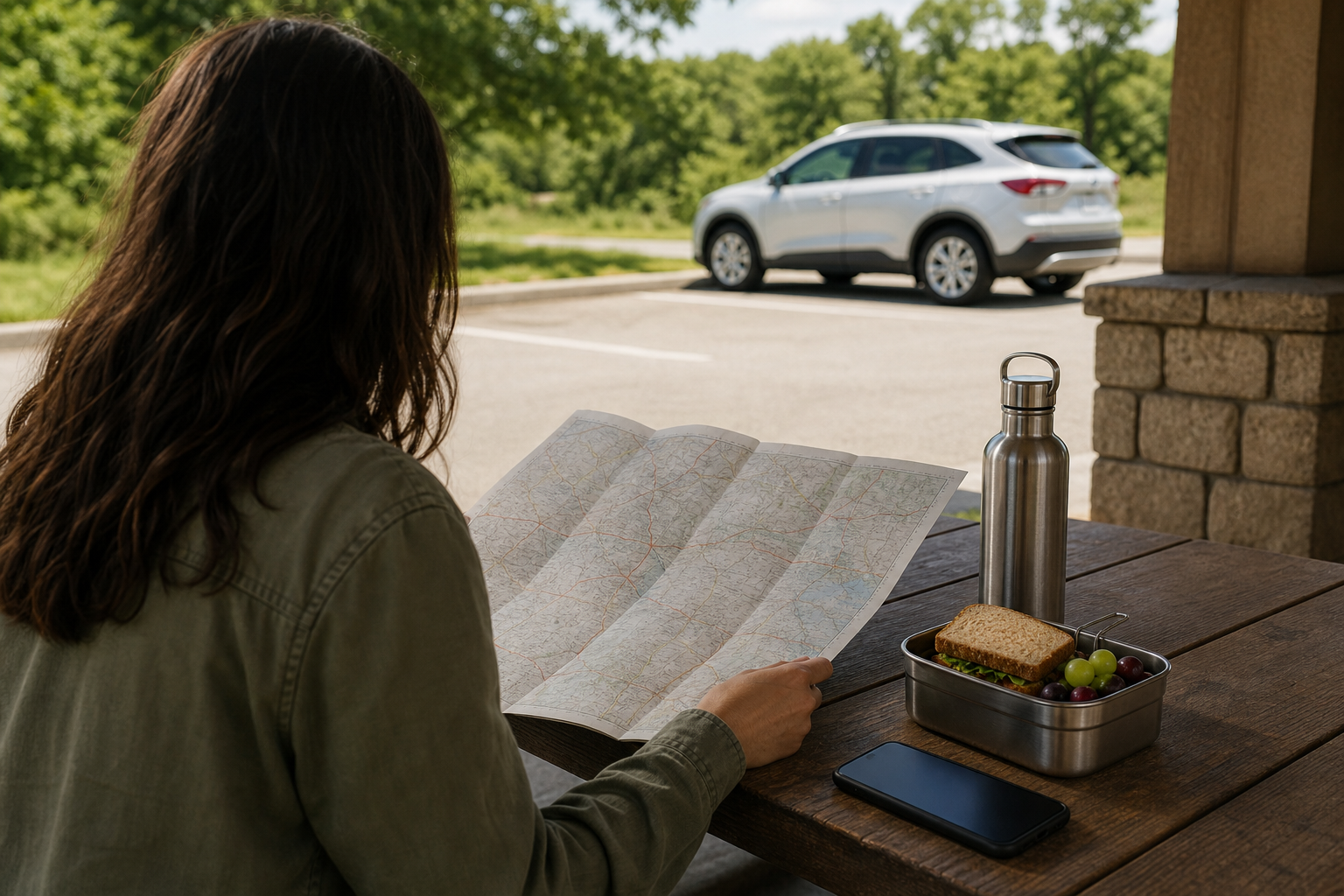 Traveler checking a road map beside a parked car, sandwich, fruit, phone, and water bottle.