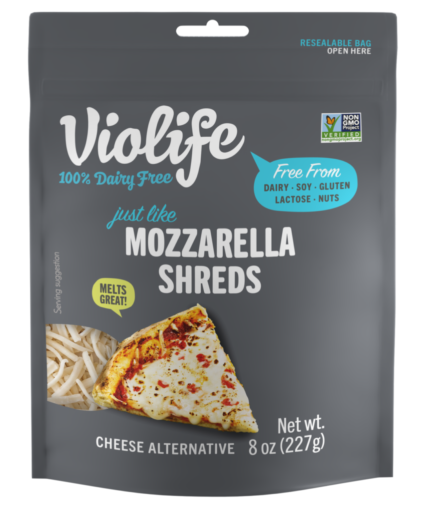 Package of Violife mozzarella-style dairy-free shreds.