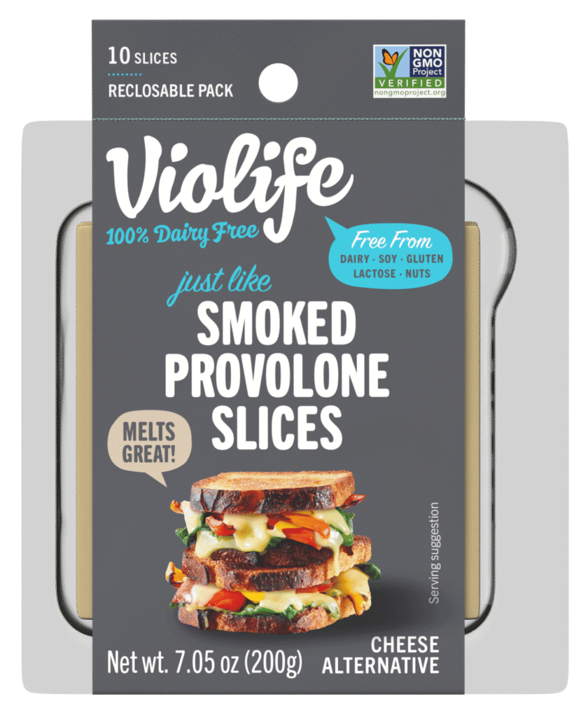 Package of Violife smoked provolone-style dairy-free slices.