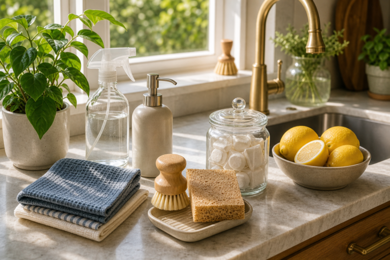 Warm kitchen sink counter with label-free spray bottle, soap pump, cloths, scrub brush, sponge, dish-tab jar, lemons, and plant