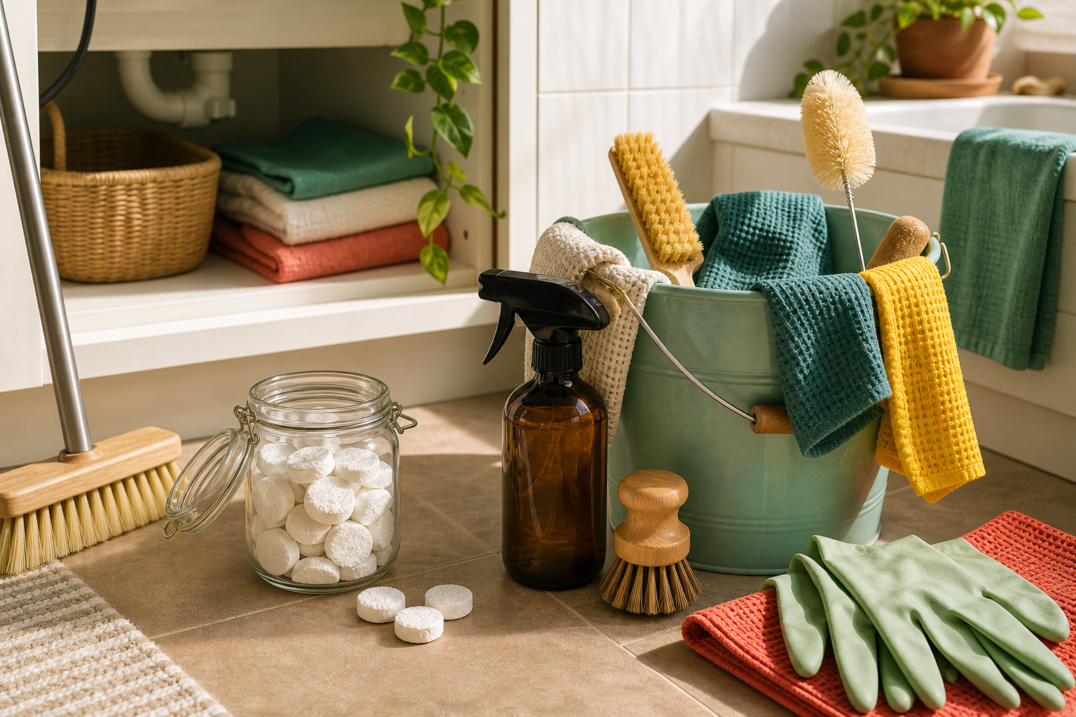 Warm cleaning setup with jar of cleaning tablets, spray bottle, bucket, brushes, towels, broom, gloves, and no loose powder on the floor