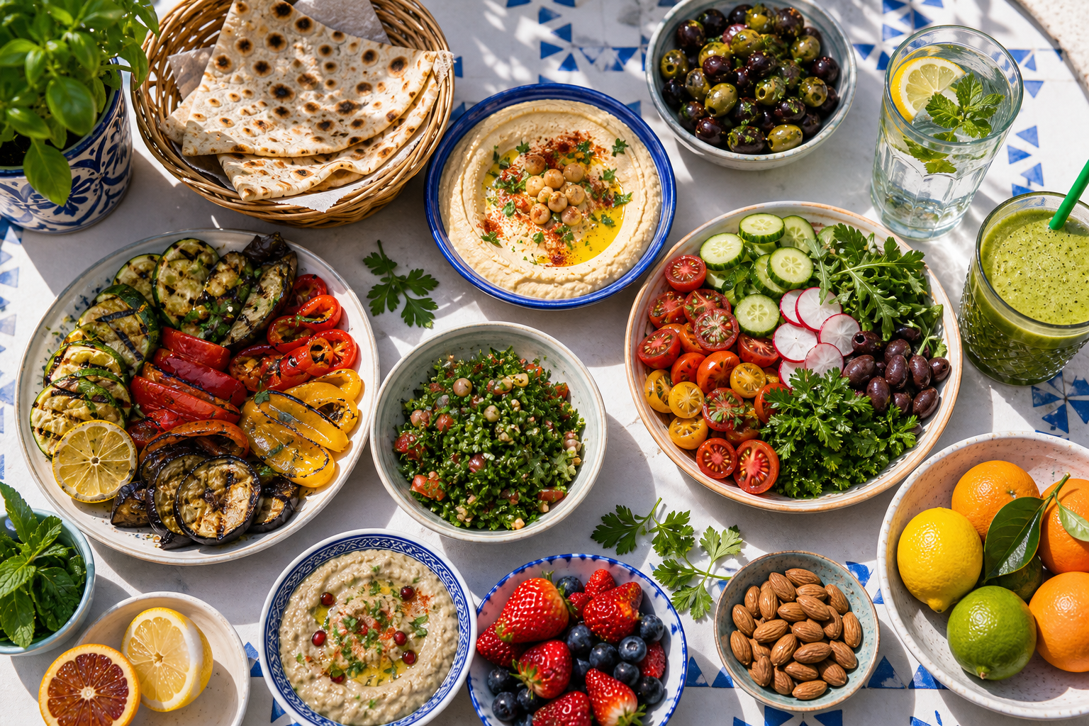 Vegan travel mezze table with duplicate tabbouleh replaced by baba ganoush