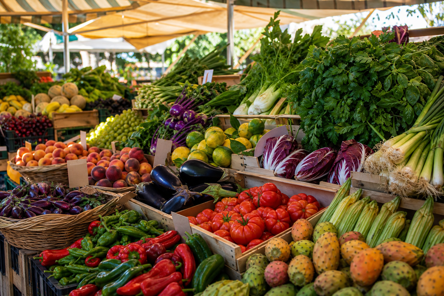 Colorful open-air produce market with abundant vegetables and fruit under a sunlit awning