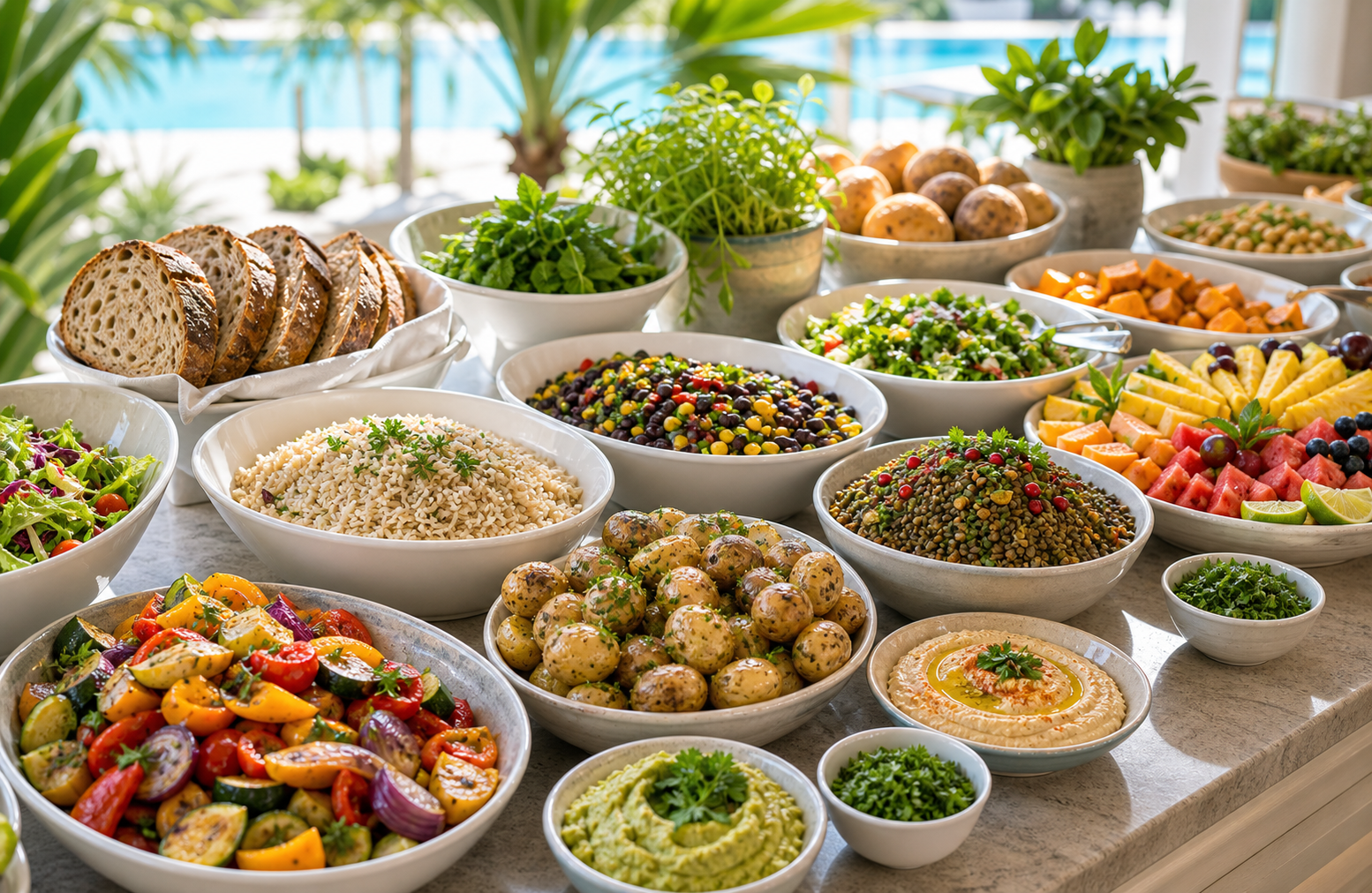 Vegan resort buffet with awkward potato-bowl utensil removed