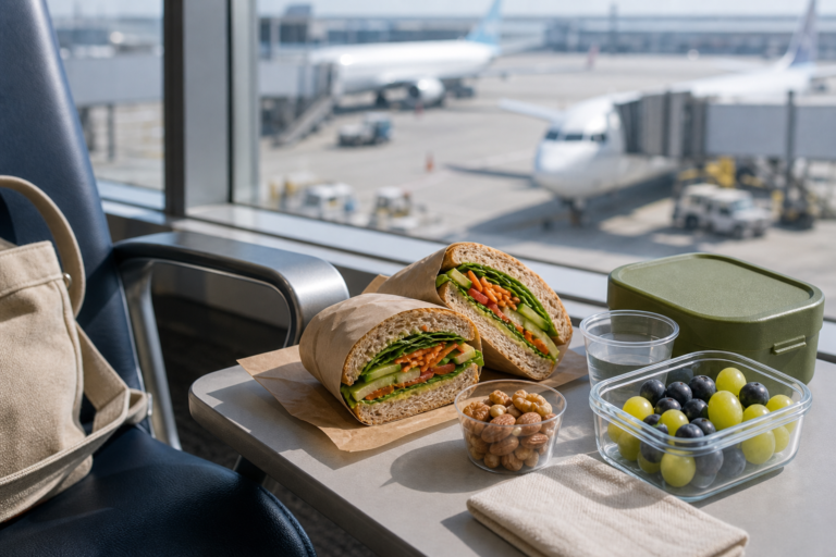 Realistic vegan travel meal near an airport window with sandwich, fruit, nuts, water cup, and reusable container