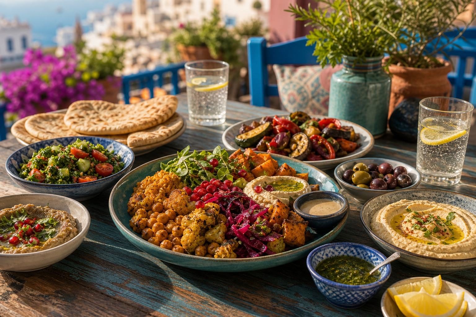 Vivid destination vegan meal on an outdoor terrace