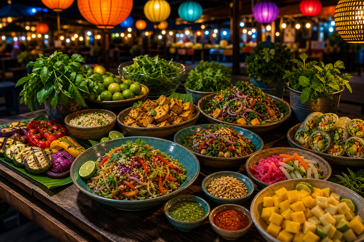 Vegan night market table with tofu, grilled vegetables, spring rolls, herbs, fruit, sauces, and varied slaw bowls under colorful lanterns