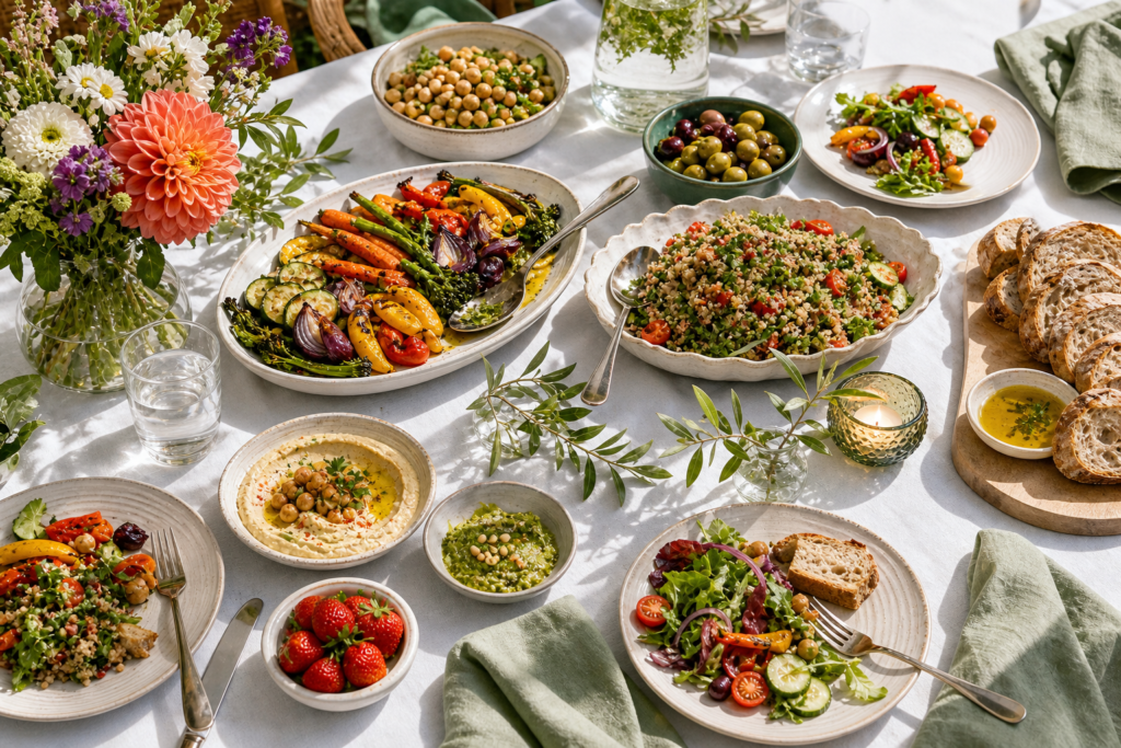 Bright vegan gathering table with colorful shared dishes, flowers, water glasses, bread, and tidy place settings