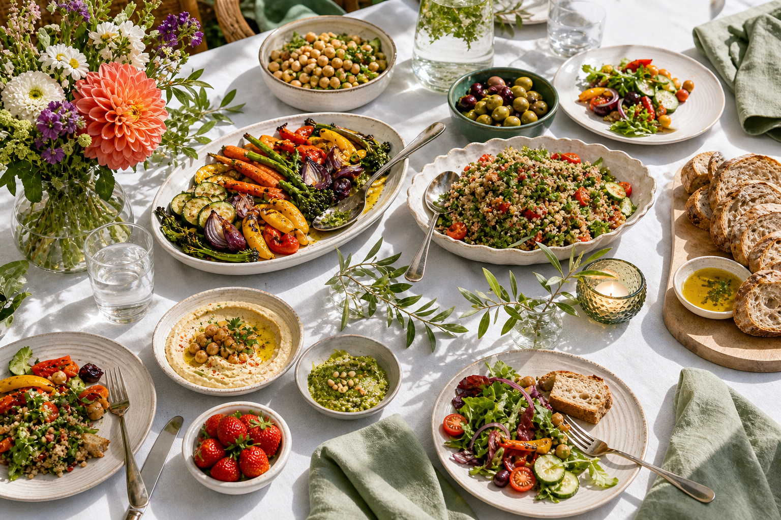 Bright vegan gathering table with colorful shared dishes, flowers, water glasses, bread, and tidy place settings