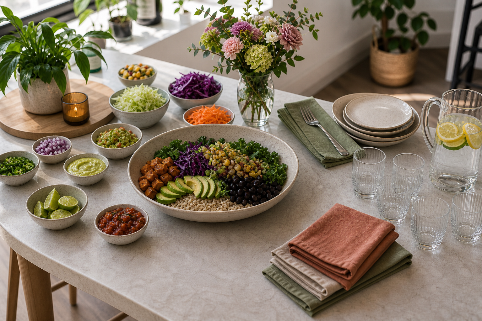 Bright gathering table with a colorful salad, toppings, flowers, plates, pitcher, clean drinking glasses, and tidy place settings