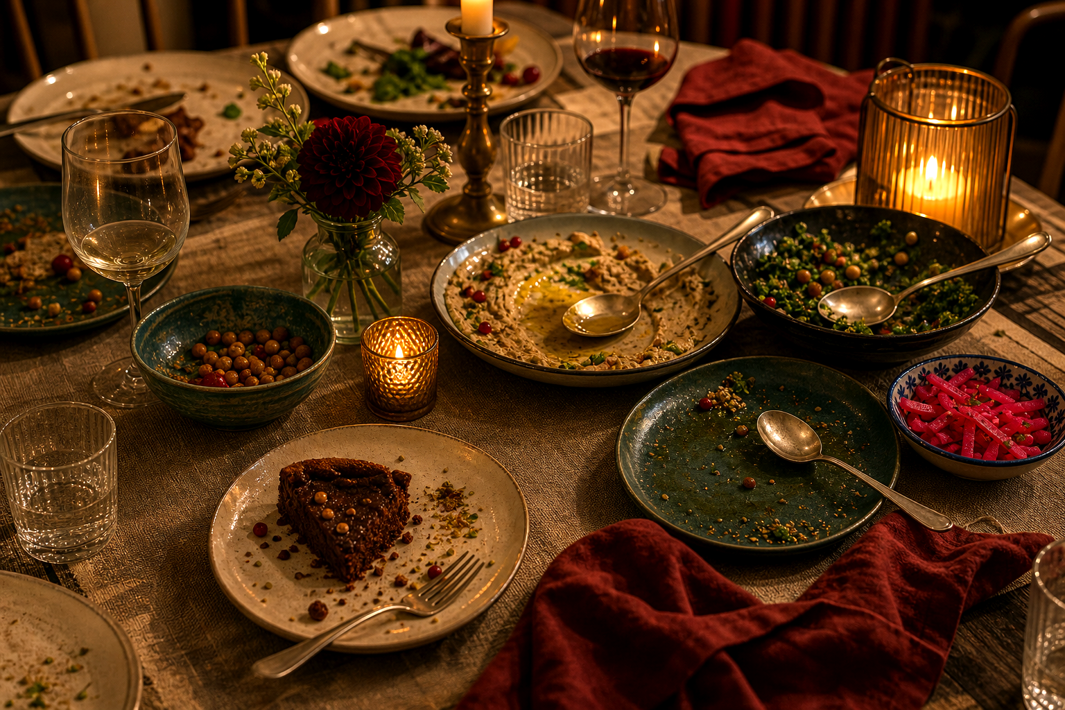 Candlelit dinner table after a shared vegan meal with plates, bowls, glasses, red napkins, and warm table light.