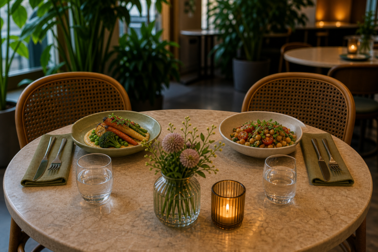 Vegan restaurant date table for two with roasted vegetables, chickpeas, candle, flowers, and aligned silverware
