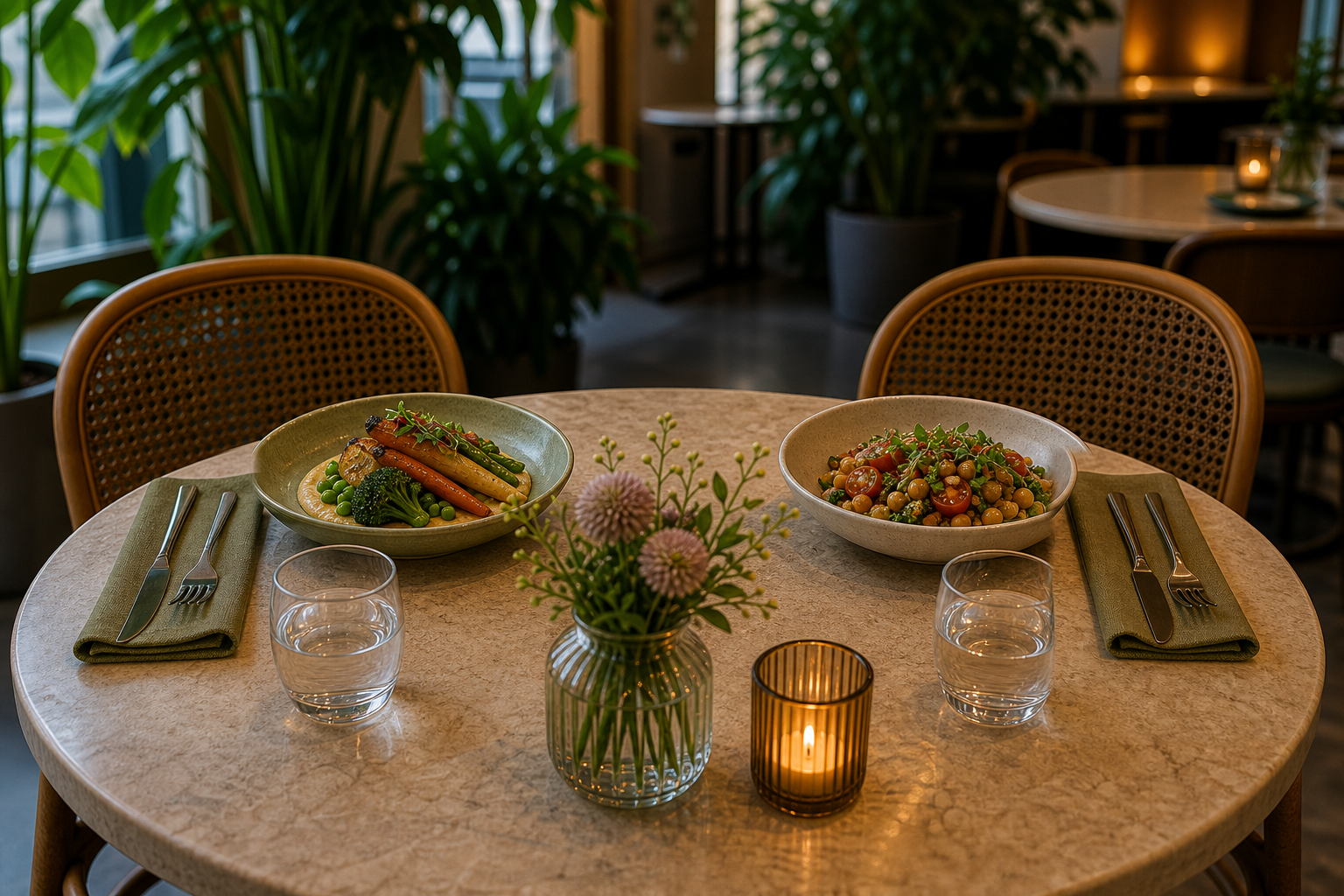 Vegan restaurant date table for two with roasted vegetables, chickpeas, candle, flowers, and aligned silverware