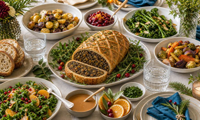 Original vegan holiday table with repaired fork and more natural loaf texture